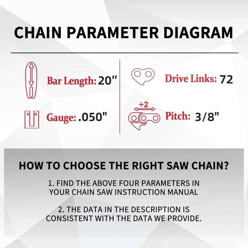 ES 3 Pack 20 Inch Chainsaw Chain 3/8" Pitch .050" Gauge 72 Drive Links Semi-Chisel Chain Saw Chains for Husqvarna, Poulan, Craftsman, Greenworks and More Chainsaw Brands - Image 3